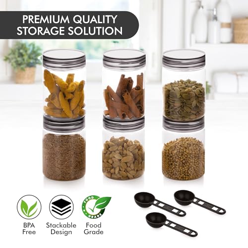 Image of Homeor Plastic Storage Jar & Containers With Spoon, Airtight & BPA Free Containers for Kitchen Storage, Grocery Kitchen Container, Multipurpose Jar, Fridge Storage Container, 300 ML Set 12, Black