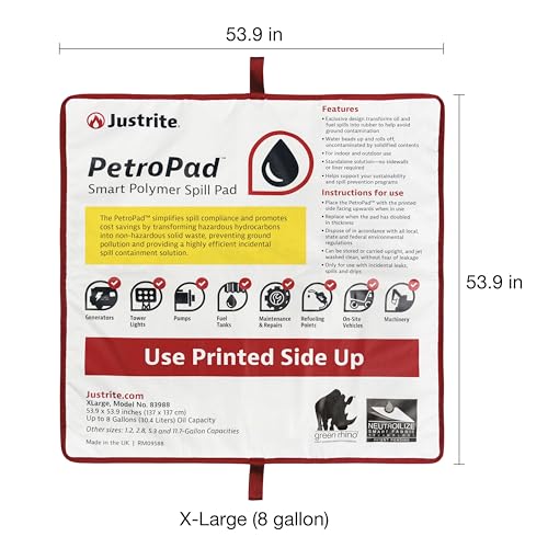 Image of Justrite PetroPad 8 Gallon Capacity Oil Absorbent Pads, 53 inch x 53 inch, Eco-Friendly Washable and Reusable Absorbent Oil Mat for Indoor and Outdoor Use, X-Large, 83988
