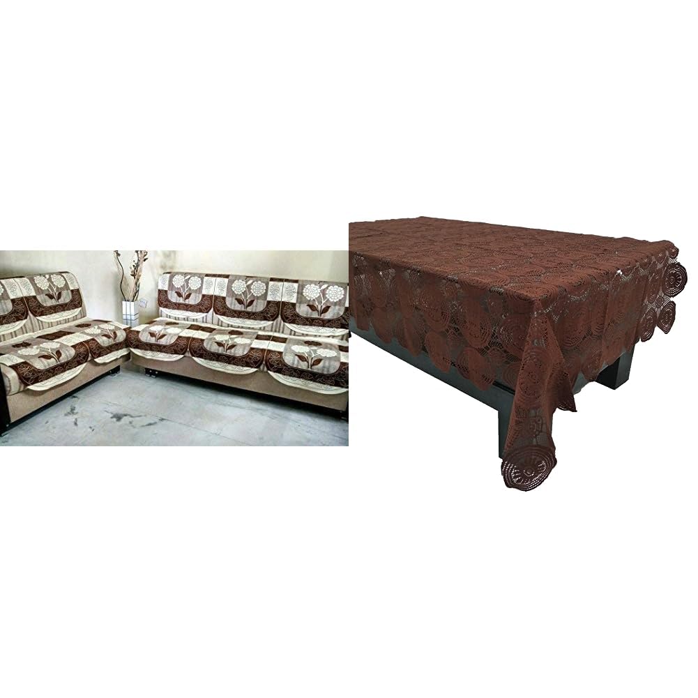 10 Piece Net Cotton 10 Seater Sofa Cover Set - Brown with Table Cover (40 X 60 Inches)