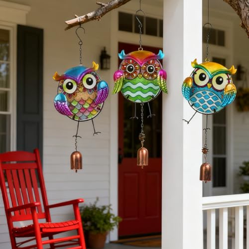 Owl Wind Chimes 3 Pack - Metal Wind Chimes for Outside Waterproof Rustproof Garden Decor with Hooks Handcrafted Birthday Gifts for Friends Patio & Yard Decoration