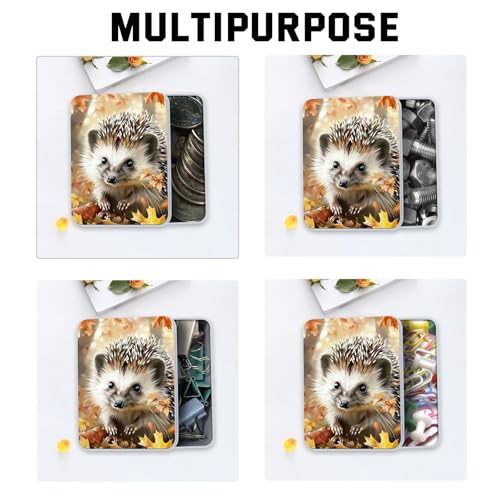 Image of Metal Tin Box with Lid,Multi-functional Storage Large Box Can Store Tea Biscuits Game Cards, Playing & Tarot Cards-Comes with 4 Magnetic Cord Clips,Hedgehog in Autumn Leaves