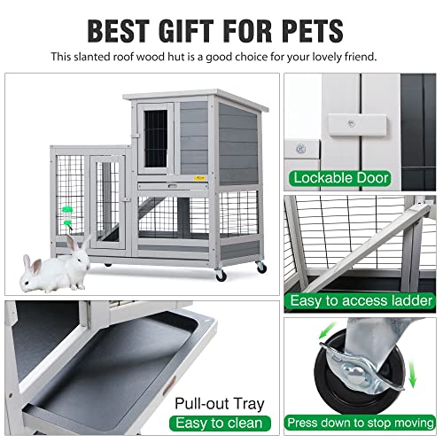 COZIVVOVV Indoor Outdoor Rabbit Hutch on Wheels, Small Animal Houses Habitats, Rolling Large Bunny Cage with Removable Tray, Ramp, Two Story Guinea Pig Hamster Cage, Grey - Thumbnail 4