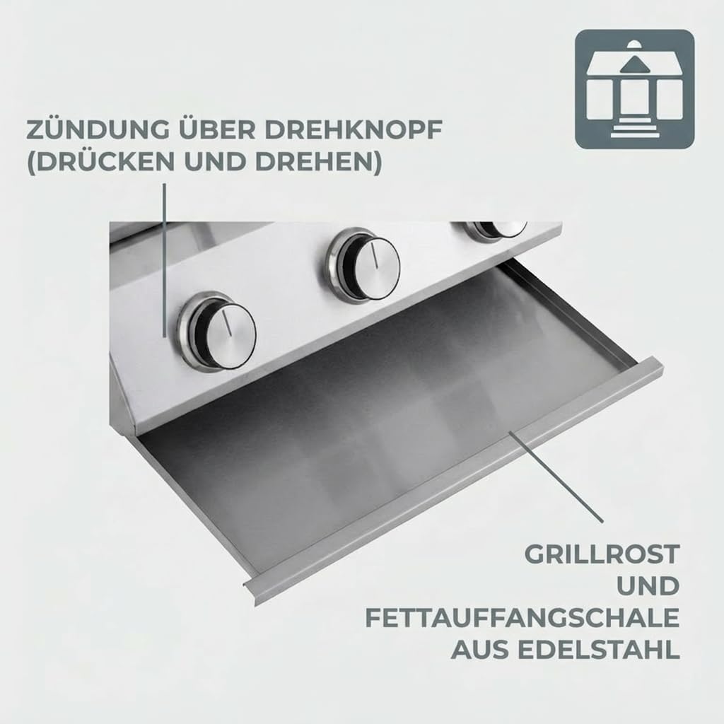 Tarrington House Tisch-Gasgrill CATHAN, 3-Brenner-Gasgrill, Grillrost edelstahl. Stahl/Edelstahl, Tischgrill für Outdoor, Balkon, Camping, silber