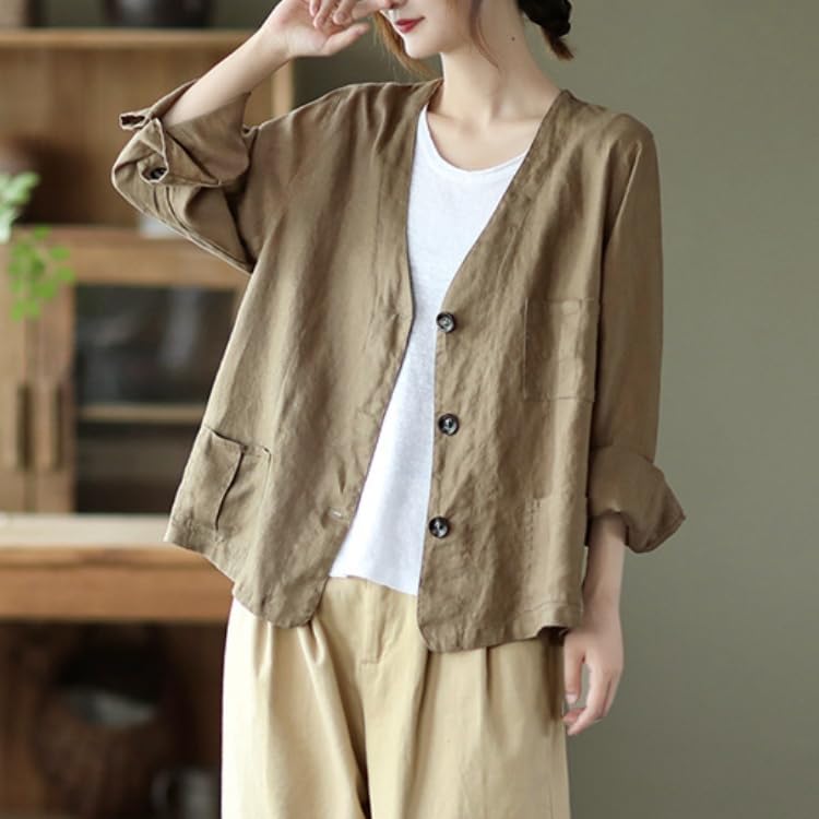 Generico Blazer in Lino da Donna Maniche Lunghe Scollo A V Giacca Blazer Leggera Sfoderata Primavera Estate Casual da Ufficio Cardigan Giacca con Tasche Top Traspirante