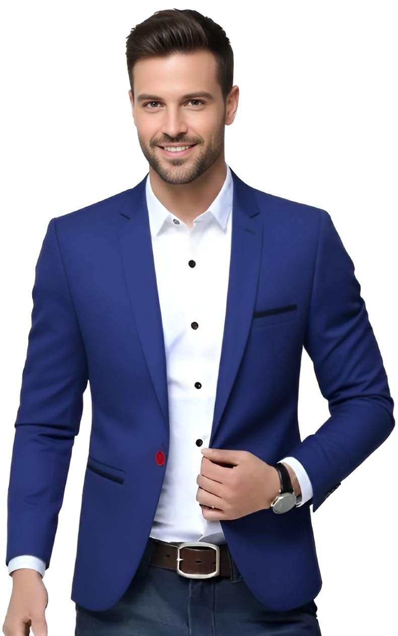 Men's Navy Blue Slim Fit Blazer, Smart Casual Single-Breasted Notch Lapel Jacket