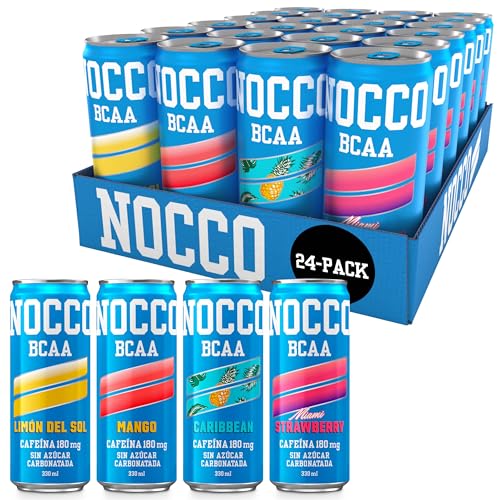 NOCCO BCAA - Bebida Energética con 180mg Cafeína, 3000 mg BCAA, Sin Azúcar, Sin Carbohidratos, Enriquecida con Vitaminas - 24 x 330ml inkl. Pfand (Mix Sabores)