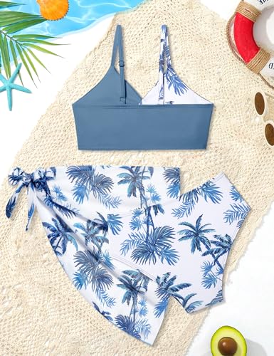 Image of Girls Swimsuit, Bathing Suits 3 Piece Tropical Floral Twist Cross Bikini Sets Girls' Swimwear with Cover Up Skirt 7-16T
