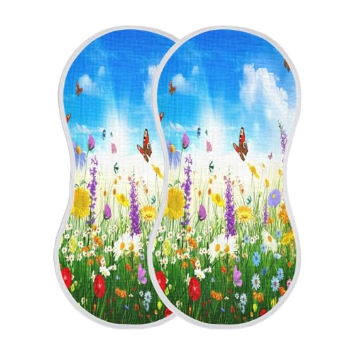 J JOYSAY Flower Meadow Sunny Blue Baby Burp Cloths for Boys Girls Large 22''x11'' Cotton 4 Layer Burp Cloths Pack for Boy Spit Up one sizex2