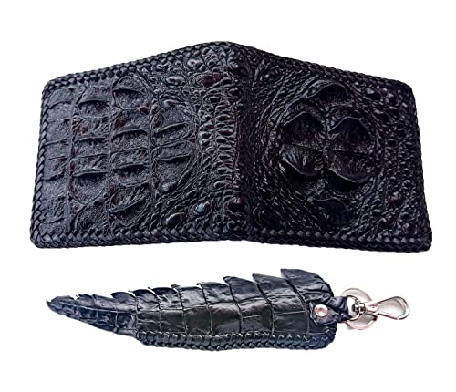 Julie Genuine Real Big Head Crocodile Skin Leather Man Bifold Knit Edges Black Wallet