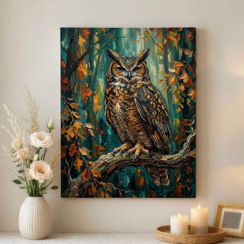 Cuadro decorativo de búho en el bosque otoñal para dar calidez al hogar y sala de estar