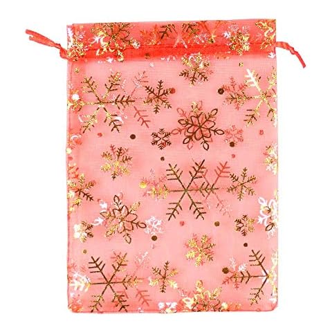 SUNGULF 100pcs Organza Pouch Bag Drawstring Gift Bags (Red Gold Snowflake, 5x7 Inch) Cover