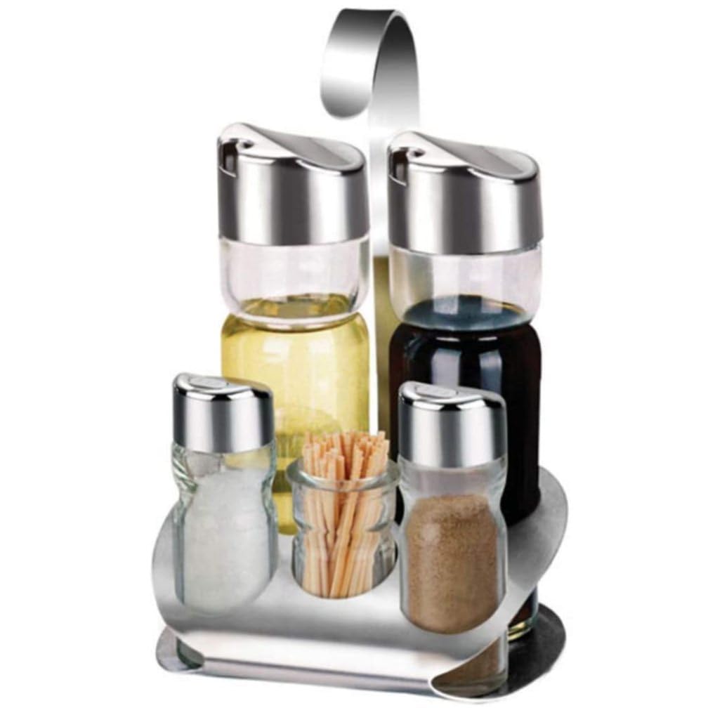 Oil and Vinegar Salt & Pepper Cruet Set,5Pcs Glass Sugar Container with Stainless Steel Base,Clear Glass Bowls with Lids,Salt Container Countertop