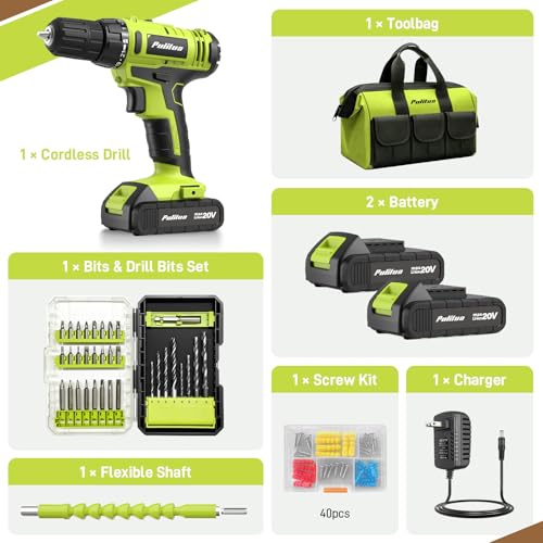 Image of PULITUO 20V Max Cordless Drill /Driver Set with Storage Bag, 2 Batteries, 30Nm, 21+1 Torque, 2 Speed, Keyless 3 /8 inch Chuck, LED Light, Electric Screwdriver Function, Home Kit (Green)