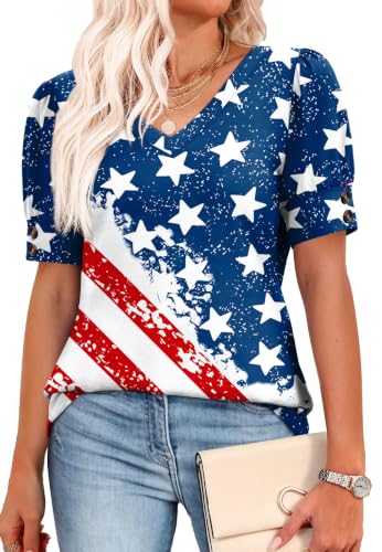 Image of OFEEFAN Womens Tops Short Sleeve Shirts Buttons V Neck Spring Fashion Summer Outfits Plus Size Blouses Dressy Casual