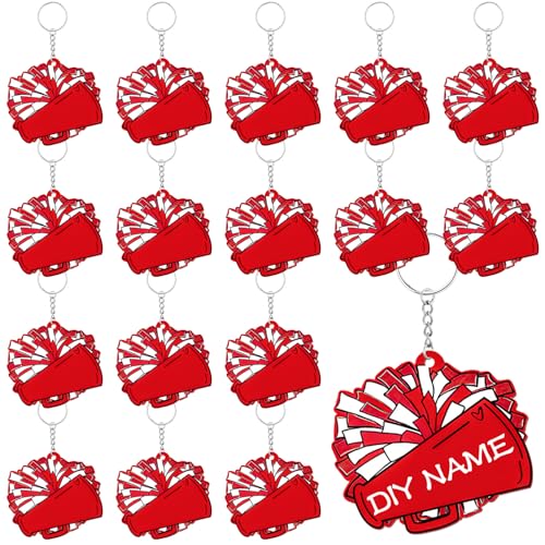 Tondiamo 20 Pcs Megaphone Cheer Bag Tag Bulk Cheerleader Pom Pom Bag Tag DIY Cheerleading Acrylic Luggage Keychains Gift(Red)