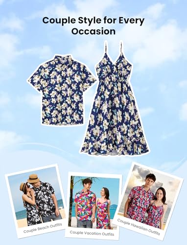 Image of PATPAT Couples Matching Outfits Hawaiian Women Dresses & Men Shirts | Matching Cruise Outfits for Couples, Beach Vacation Outfits, Spaghetti Strap Midi Sundress, Men Boho Tropical Print Shirt