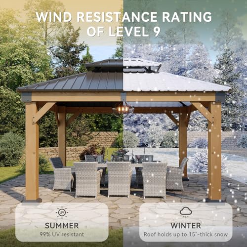 Image of Aoxun 10' x 12' Outdoor Wood Gazebo, Hardtop Gazebo Permanent Wooden Pavilion with Galvanized Steel Double Roof, for Patio, Garden, Deck, Cedar Wood, Natural