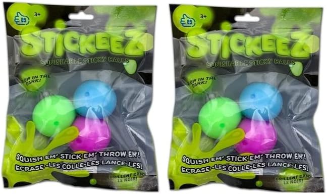 Stickeez - Paquete de 6 bolas de techo adhesivas que brillan en la oscuridad, colores luminiscentes surtidos, 6 bolas de estrés para niños y niñas