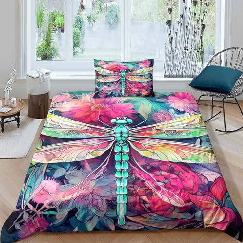 Housse de couette douce microfibre parure lit simple libellule 3D - 2