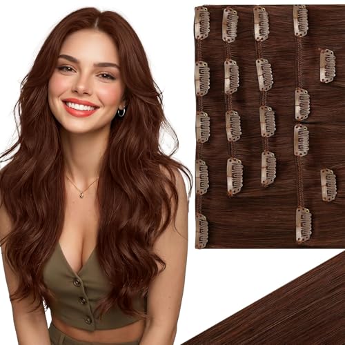 Ve Sunny Real Hair Extensions Clip in Human Hair Dark Reddish Auburn Hair Extensions Full Head Human Hair Extensions Clip ins Natural Straight 16 Inch 120g 7pcs