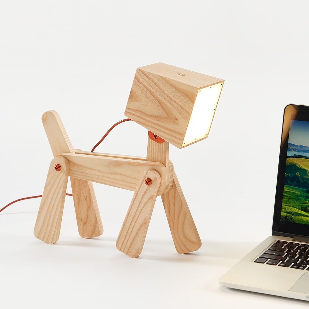 Super Cute Dog Table Lamp for Kids Room Bedroom Bedside - Dimmable Touch Control Wood Fun Unique Desk Lamp Warm White Light Gifts for Friends Boys Girls Dorm Farmhouse (Mini-Walnut Color)