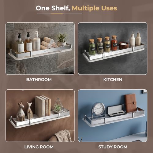 Image of Plantex Wall Shelf for Bathroom Storage /Acrylic Washroom Shelf Organizer with Stainless Steel Railings /Bathroom Accessories (White, 15x6 inches)