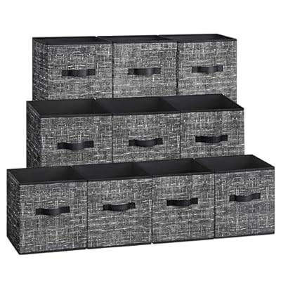 SONGMICS Storage Cubes, 10.2 x 10.2 x 11 Inches Non-Woven Fabric Bins with Double Handles, Set of 10, Closet Organizers for Shelves, Foldable, for Clothes, Ink Black UROB126B01