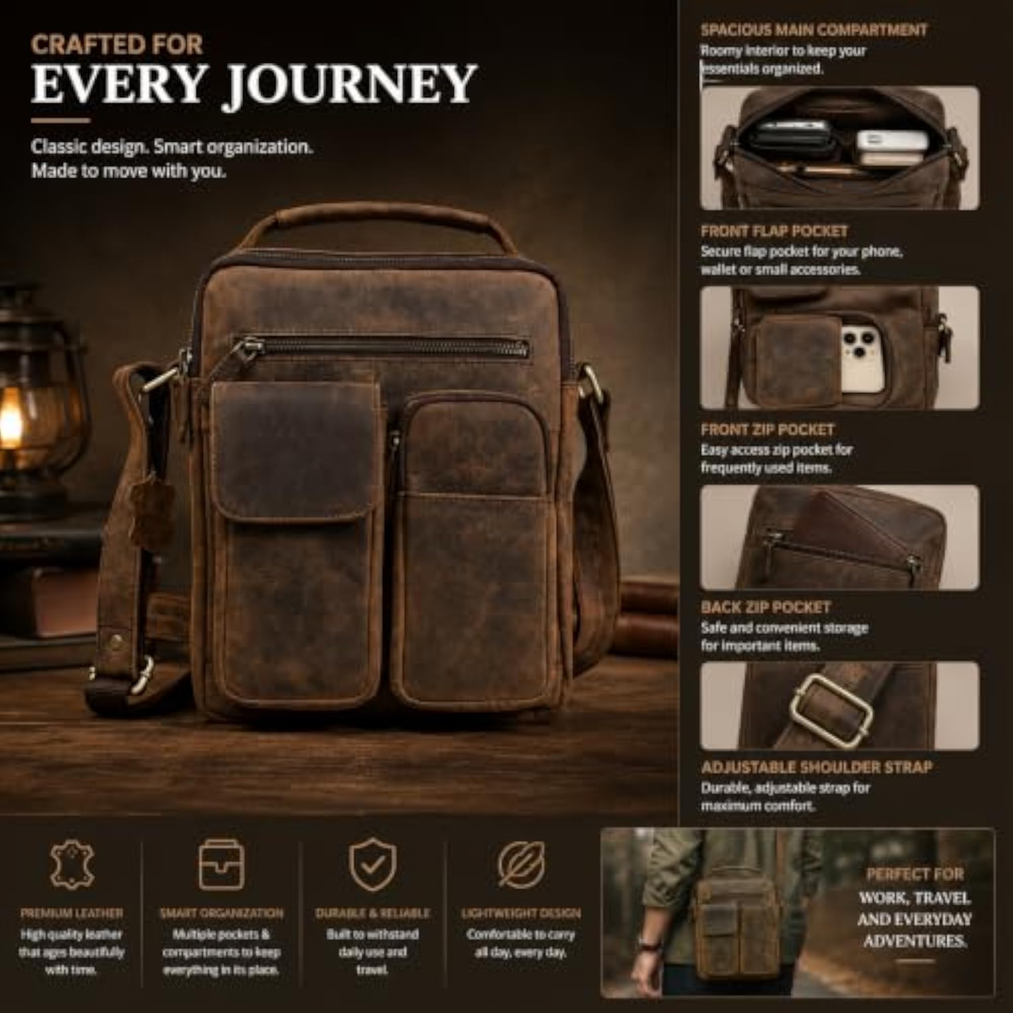 Hunter Leather 11 Inch Multi Pocket Men's Messenger Bag