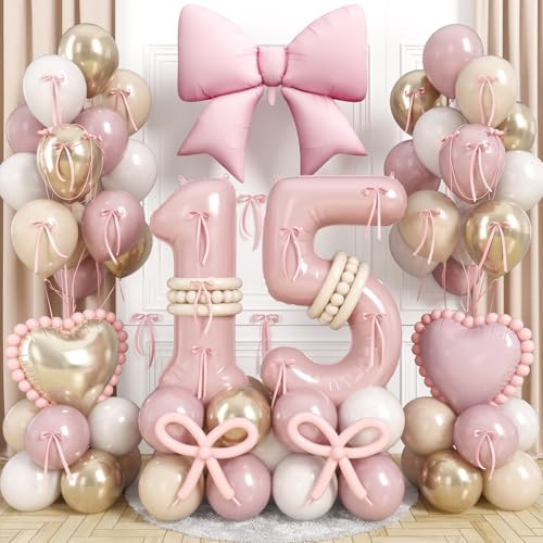 Pink Number 15 Balloon 40 Inch Dusty Blush Pink Gold White Sand Latex Balloons Large 15 Digital Bow Heart Foil Balloon with ribbon bow for Girls Women Boho 15th Birthday Anniversary Party Decoration