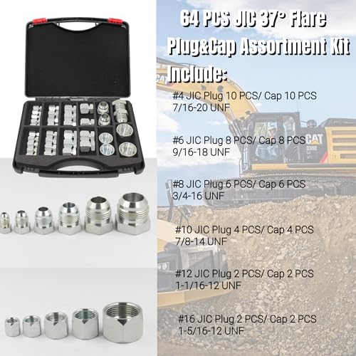 Image of 64 Pcs Hydraulic Hose Tube and Pipe Fitting Kit, 37 Flare JIC Cap and Plug Kit, Heavy Duty Seal Adapter Set w Precision Threading, Steel Flare Fitting Set, Dash Sizes -04-06 -08-10 -12-16