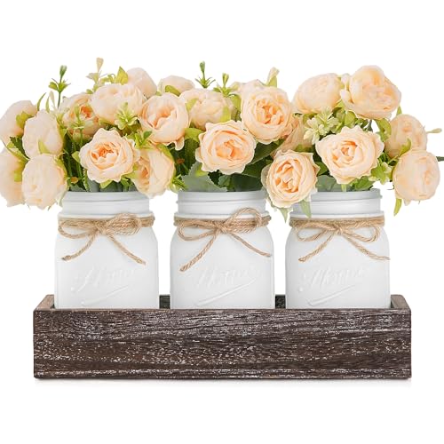 KIVIVO Mason Jar Centerpiece Table Decorations, Kitchen Table Centerpieces for Dining Room, Spring Coffee Table Decor with Peonies Artificial Flowers, Wood Tray, Farmhouse Centerpieces for Tables