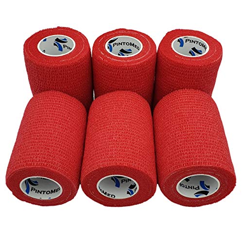 PintoMed - Venda Cohesiva - 6 x ROJO - 6 rollos x 7,5 cm x 4,5 m estirado - Vendaje autoadhesiva elástica y flexible, Cinta adhesiva, Vet Wrap, Tape, Primeros auxílios y lesiones