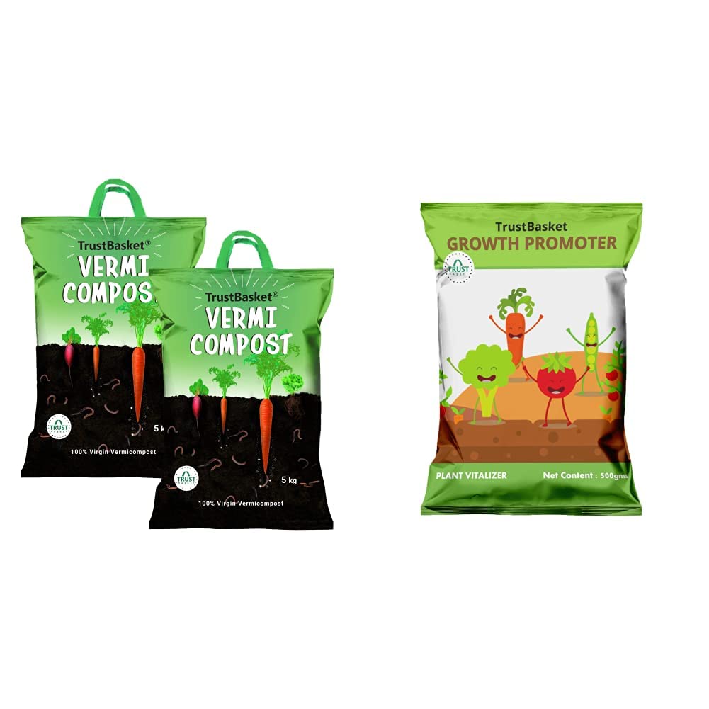 TrustBasket Organic Vermicompost Fertilizer Manure for Plants - 10 KG & Plant Growth Promoter/Booster Organic Fertilizer, 500 G Combo