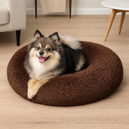 Image of ZEXSAZONE Summer Brown Plush Dog Bed - Anti-Anxiety Round Donut Pet Bed with Raised Edges | Soft Faux Fur Calming Bed for Puppies, Cats & Small Dogs | Machine Washable