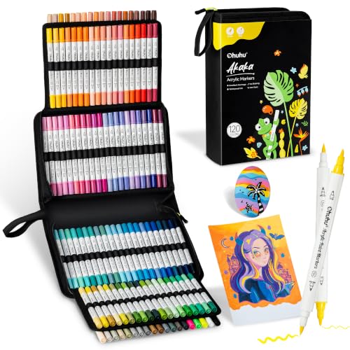 Image of Ohuhu Acrylic Paint Markers 120 Colors Brush & Fine Acrylic Markers - Akaka | Dual Tips Acrylic Paint Pens High Opacity Water-Resistant for Rock Painting 3D Prints Egg Wood Glass Ceramic DIY Crafts