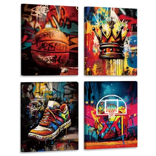 AIOCDIT Basketball Wall Art Canvas Prints Boys Room Wall Decor,Graffiti Framed Posters Bedroom Sports Decoraions 8x10 Inch Set of 4