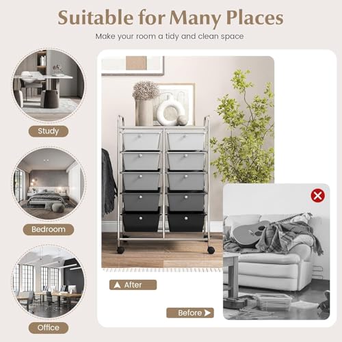 Image of LDAILY 10 Drawer Rolling Cart, Storage Cart Organizer on Wheels, Drawer Cart with Metal Frame & Large Storage Capacity, Rolling Cart with Drawers for Living Room Classroom, Office
