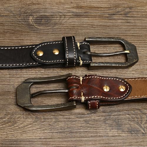 Distressed Leather Stitching Belt for Men Women- 5mm Thickened Washed Cowhide Strap, Vintage Solid Brass Embossed Buckle(115cm/45, Brown)3