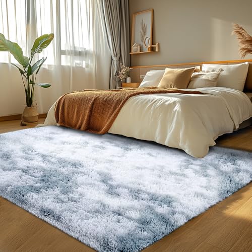 4x6 Fluffy Area Rugs for Bedroom: Ultra Soft Fuzzy Furry Rugs - Grey Plush Throw Rug for Nursery Kids Room (Tie-Dyed Light Grey, 4x6)