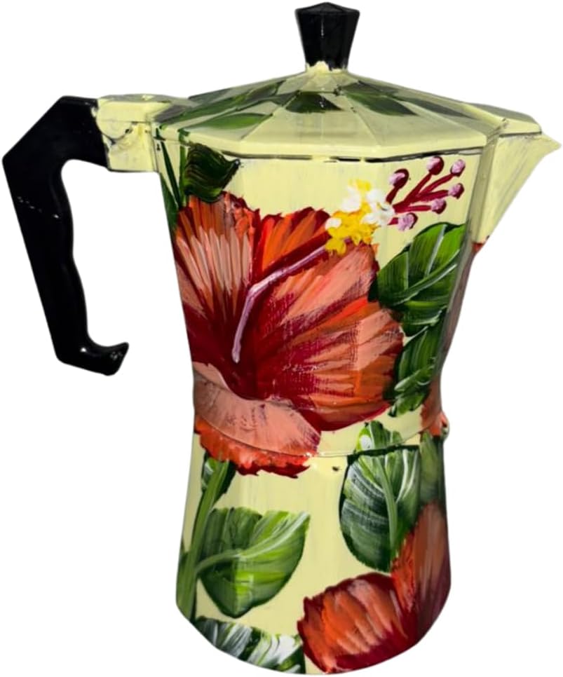 Handcrafted Dominican Aluminum Coffee Pot – 6-Cup Greca with Beach, Countryside, Cayenas, and Iconic Dominican Designs (Hibiscus)