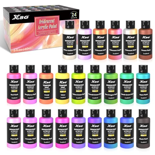 24 Color Iridescent Acrylic Paint 60mL - Superior Coverage Blendable Fast Drying Versatile Craft Paint for Canvas Wood Rock Fabric & Holiday Decor