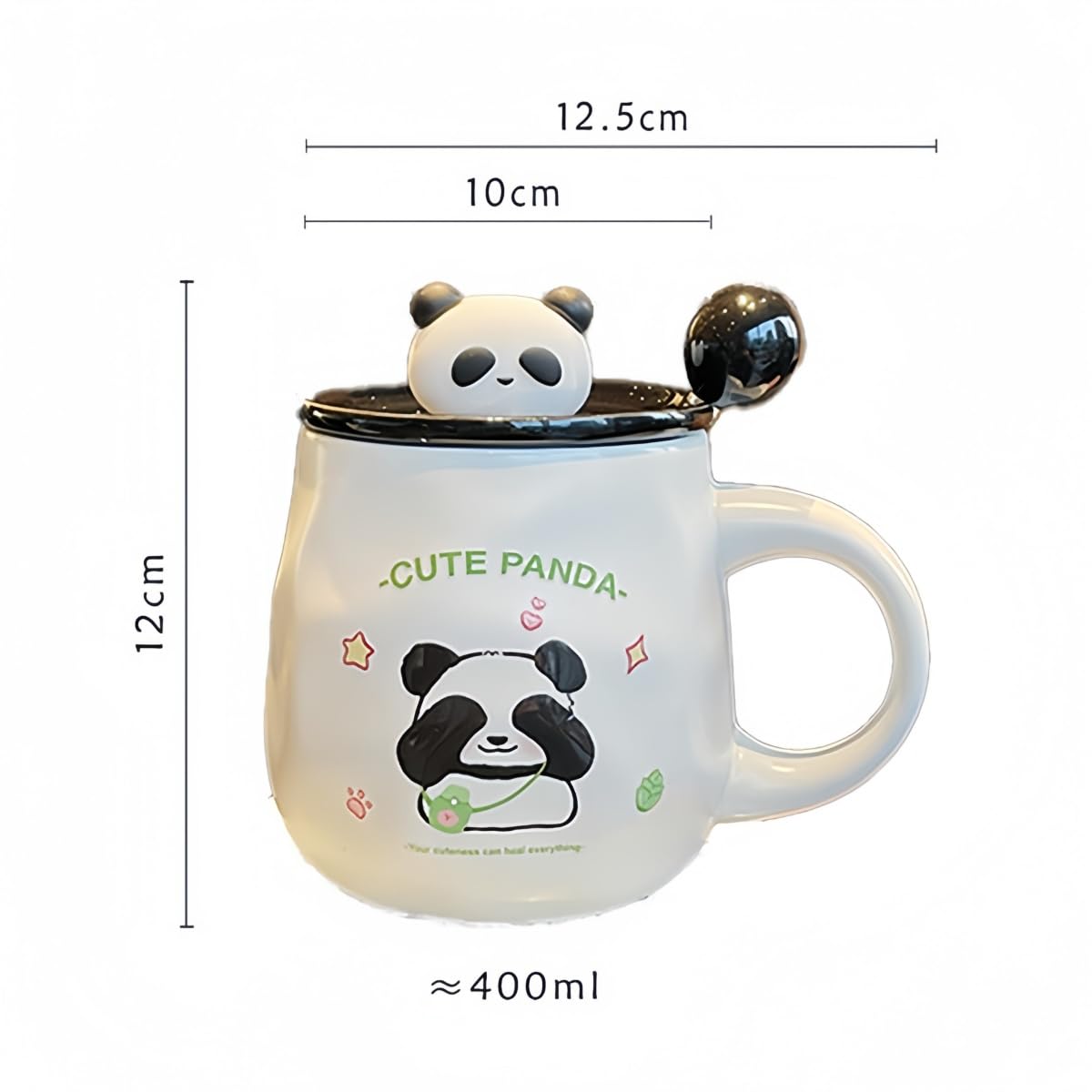 Panda Tasse mit Deckel Löffel Keramiktasse 400ml Matt Weiß süße Kaffeetasse Teetasse Geschenk Freundin Büro Geburtstag 2 Motive (Augen-zu-Panda – 4er-Set)