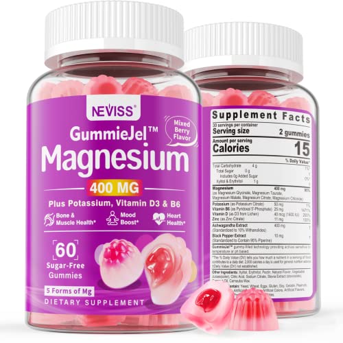 Sugar-Free Magnesium Filled Gummies - 400Mg Of Magnesium Glycinate Malate Taurate Citrate Chloride - Magnesium Potassium Supplement W/Vitamin D3, Zinc & Ashwagandha Supports Mood Energy Muscle, 60Cts #TOP11