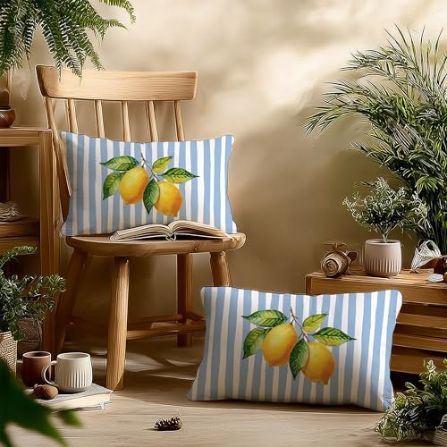 Image of Summer Blue and Yellow Italian Mediterranean Amalfi Coast Lemon Pillow Cover Decor 12x20,Italian Striped Decorative Throw Pillow Cover Decor for Couch Double-Sided Set of 2