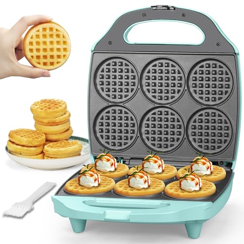 Baker's Friend Multi Mini Waffle Maker Machine, 6 x 3'' Small Waffle Iron, Perfect for Families and Individuals Use, Excellent Choice for Breakfast Brunch Parties & Events, Aqua