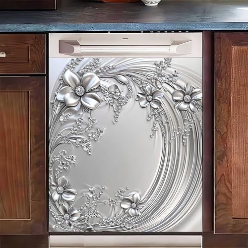 Image of HOMETITUTE Silver Floral Magnetic Dishwasher Cover 23x26 Inch Embossed Flower Panel Dishwasher Magnet Sticker Decorative Appliance Wrap for Kitchen Refrigerator Door Fridge Decoration