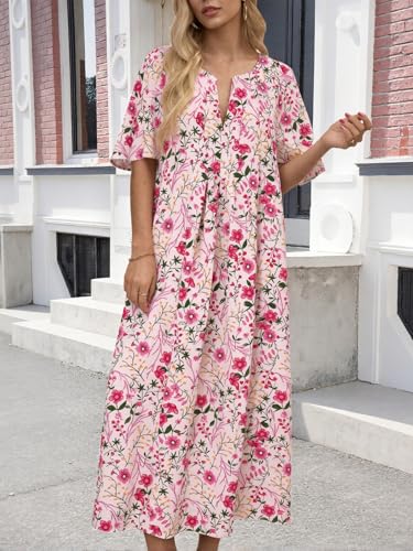 Image of Wenrine Womens Flutter Short Sleeve Maxi Dress Casual V Neck Side Slit Pleated Loose Flowy Summer Dresses