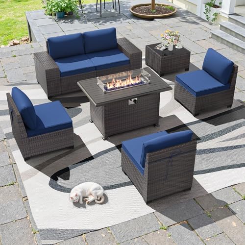 Image of 7 PCS Outdoor Patio Furniture Set,Outdoor Sectional Furniture with 43 inch 55000 BTU Gas Propane Fire Pit Table,All Weather PE Rattan Wicker Patio Conversation Set,Navy Blue