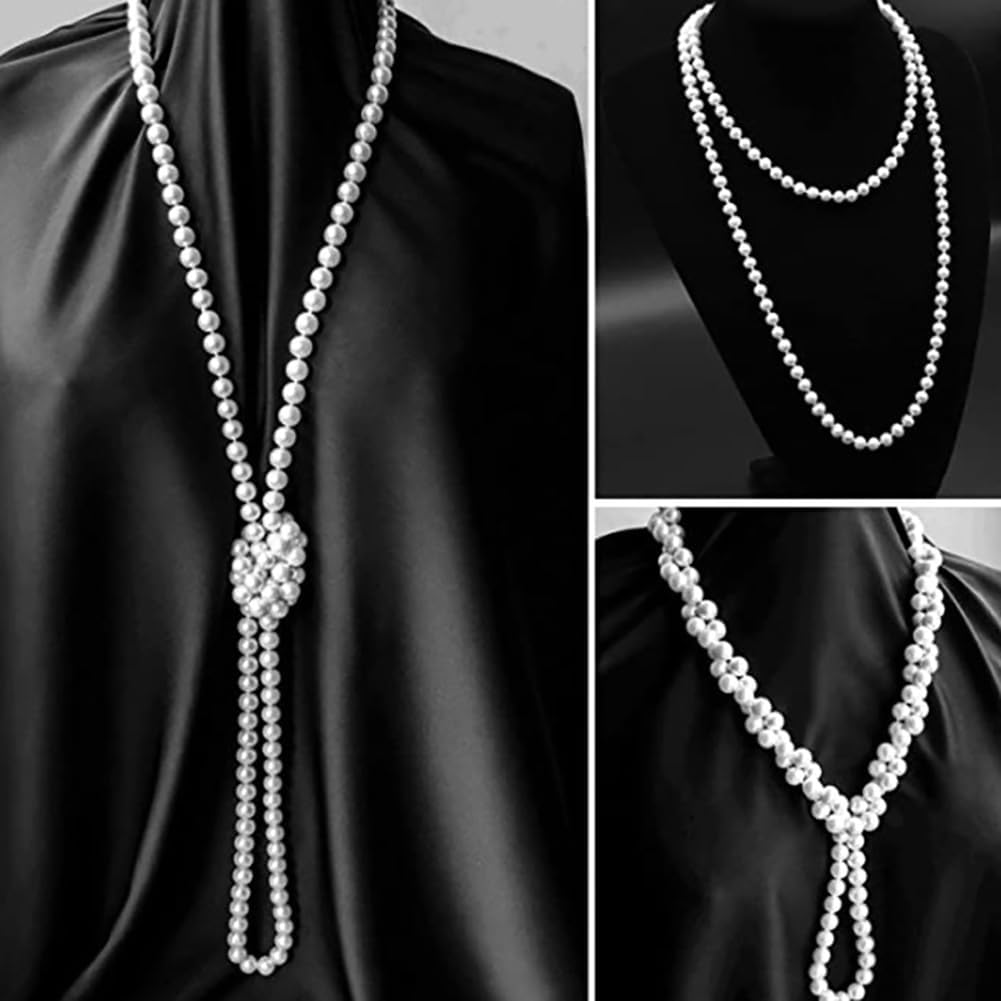 150cm Long Faux Pearl Necklace White Imitation Pearl Necklace 1920s Artificial Pearl Necklace Beaded Strand Layered Necklace for Women