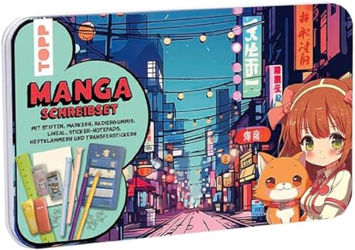TOPP Juego de escritura manga: bolígrafos, marcador, borrador, regla, grapas, 2 hojas de calcomanías de transferencia, notas adhesivas